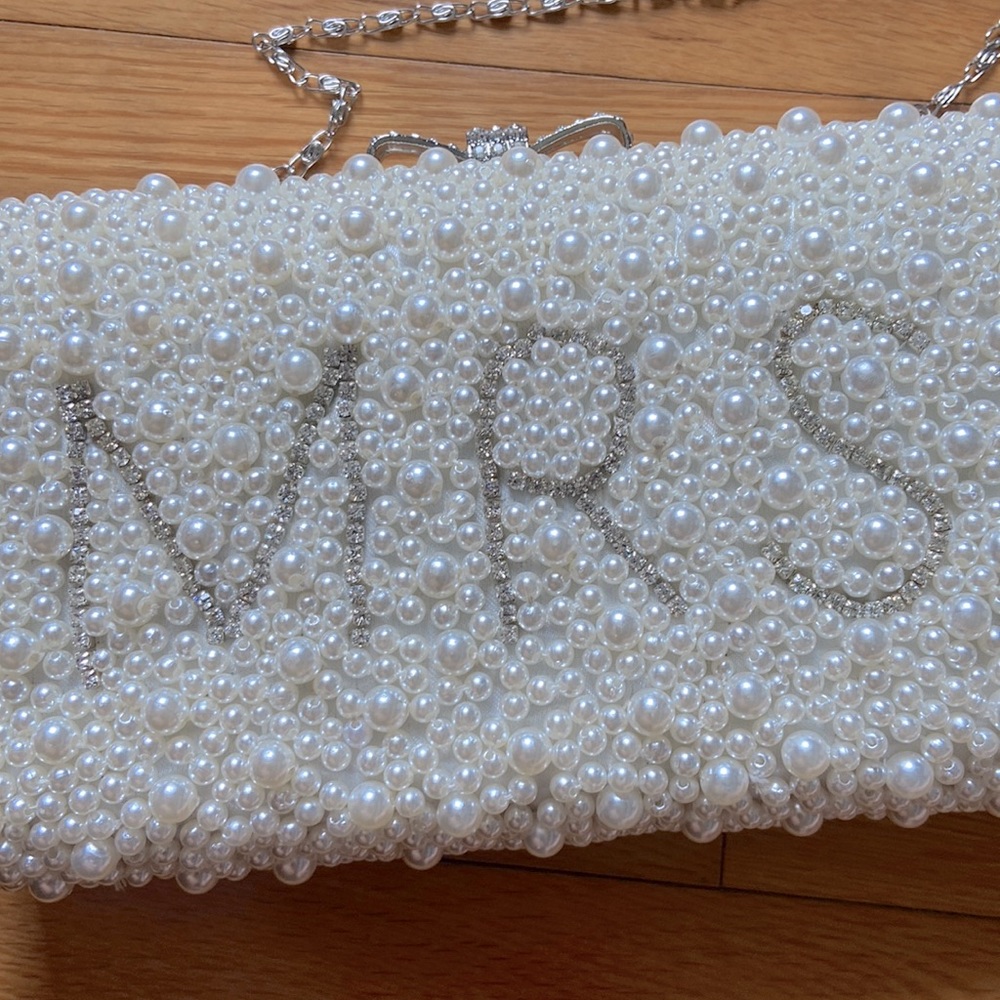 “MRS” White Silver Pearl Rhinestone Clutch Purse with Bow Top (Wedding / Bride)